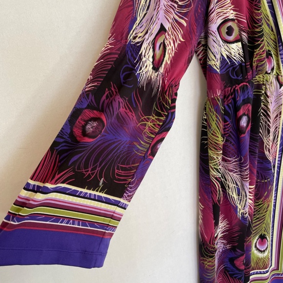 Oleg Cassini Long Sleeve Faux Wrap Dress Peacock Feathers Size 12 - Picture 3 of 6